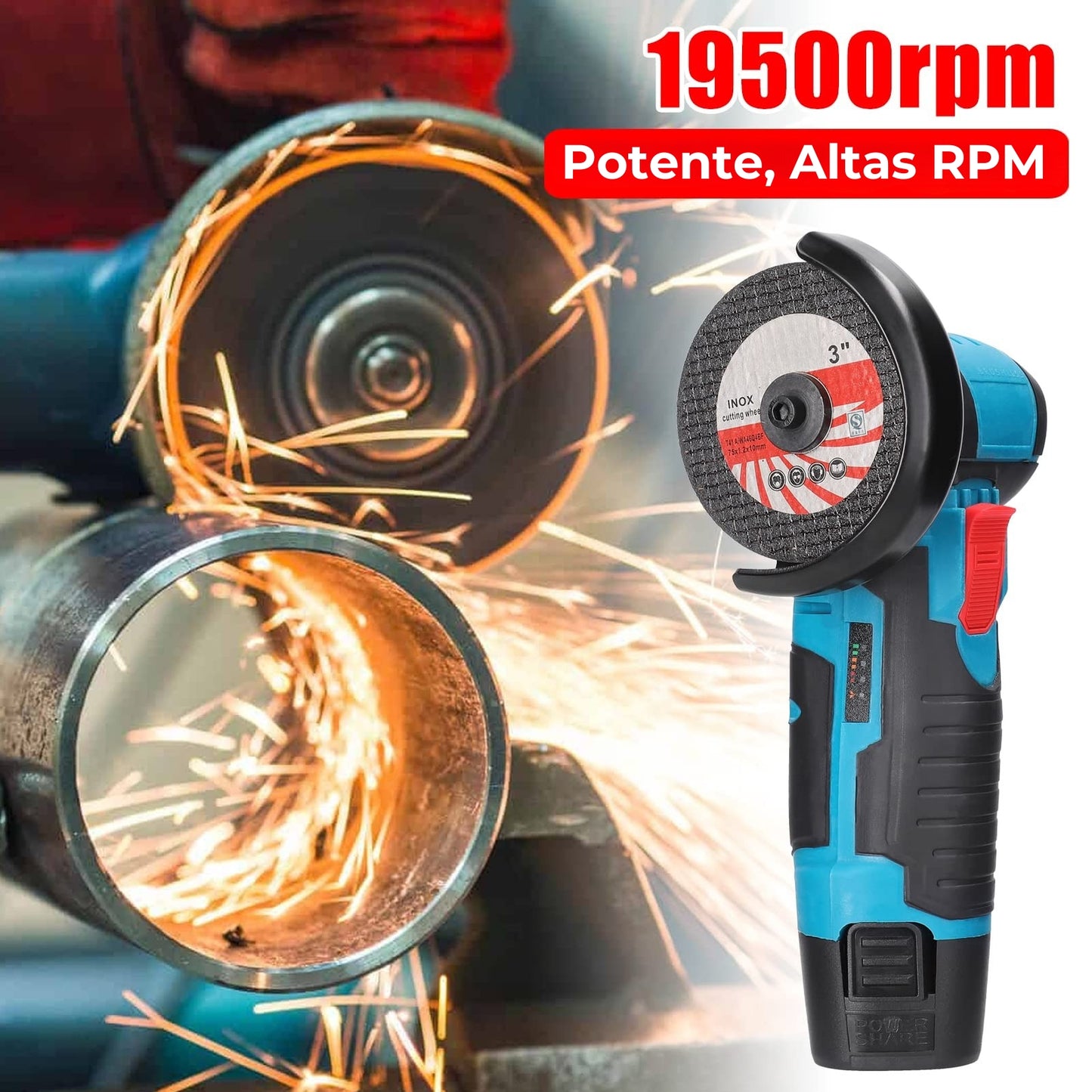 PowerGrind 2000® | Amoladora Angular Inalámbrica | 2 Baterías + Cargador | Accesorios Incluídos