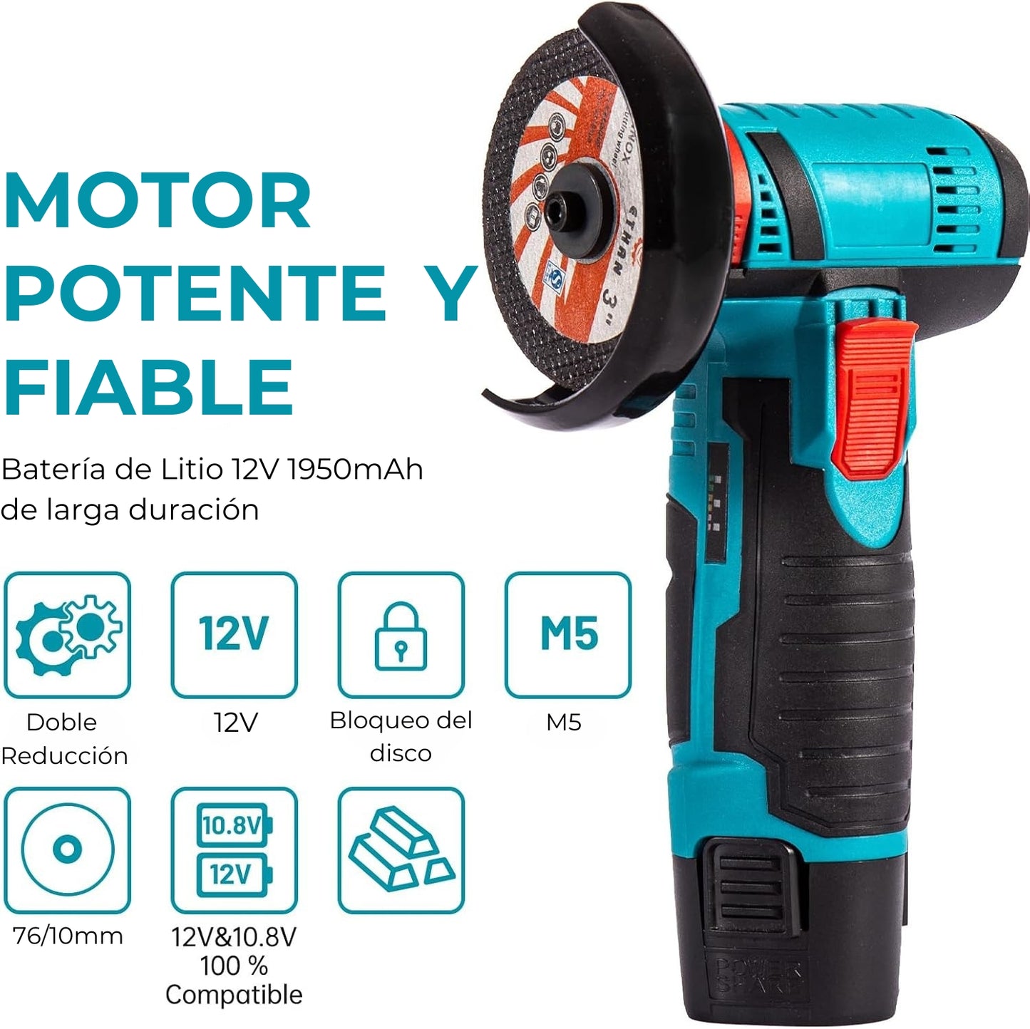 PowerGrind 2000® | Amoladora Angular Inalámbrica | 2 Baterías + Cargador | Accesorios Incluídos