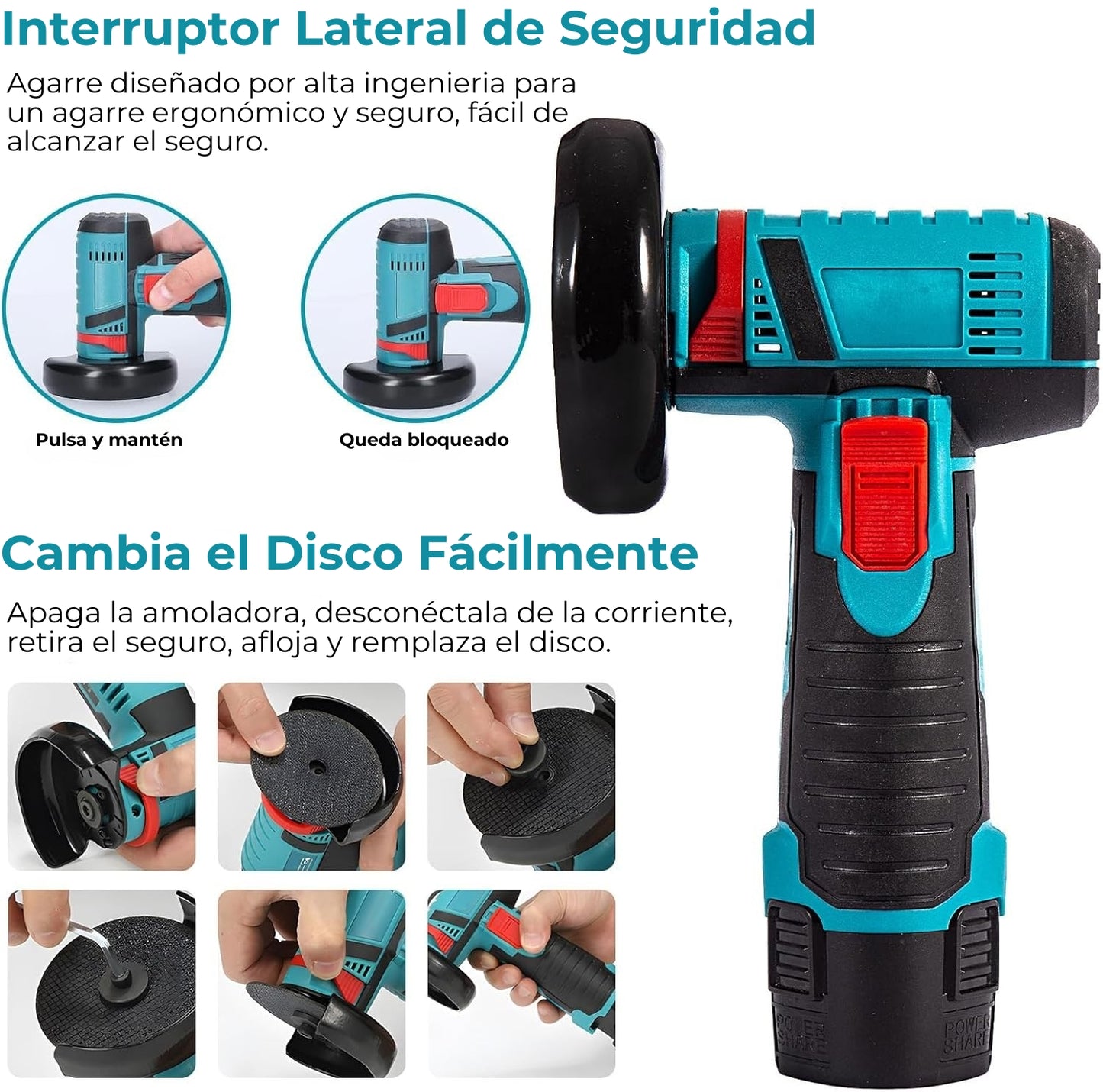 PowerGrind 2000® | Amoladora Angular Inalámbrica | 2 Baterías + Cargador | Accesorios Incluídos