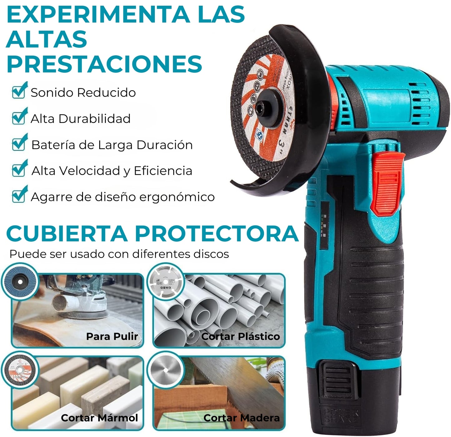 PowerGrind 2000® | Amoladora Angular Inalámbrica | 2 Baterías + Cargador | Accesorios Incluídos