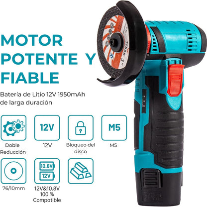 PowerGrind 2000® | Amoladora Angular Inalámbrica | 2 Baterías + Cargador | Accesorios Incluídos